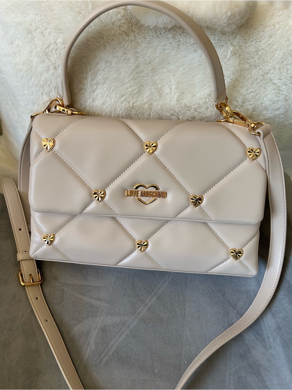 Love Moschino Cream Quilted Shoulder Bag with Gold Heart Studs